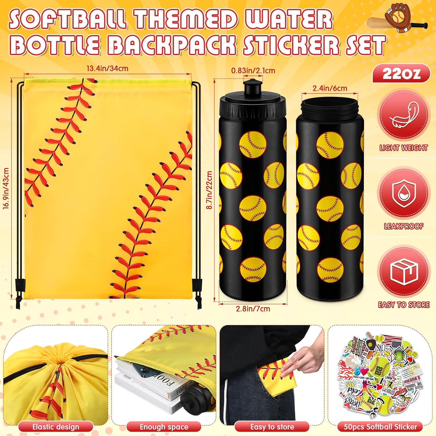 12 Pcs or 24 pc 20 Oz Softball Water Bottles Bulk with Drawstring Bag 50 Sticker Set Softball Squeeze Water Bottles Sports Reusable Bottle for Gym Bike Cycling Party Supplies Gifts