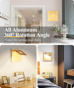 Gold Wall Sconce Modern Wall Light 360° Rotatable,Led Wall Lights Lamp Decoration for Bedroom, Living Room,Hallway,Indoor (3000K Square Light)