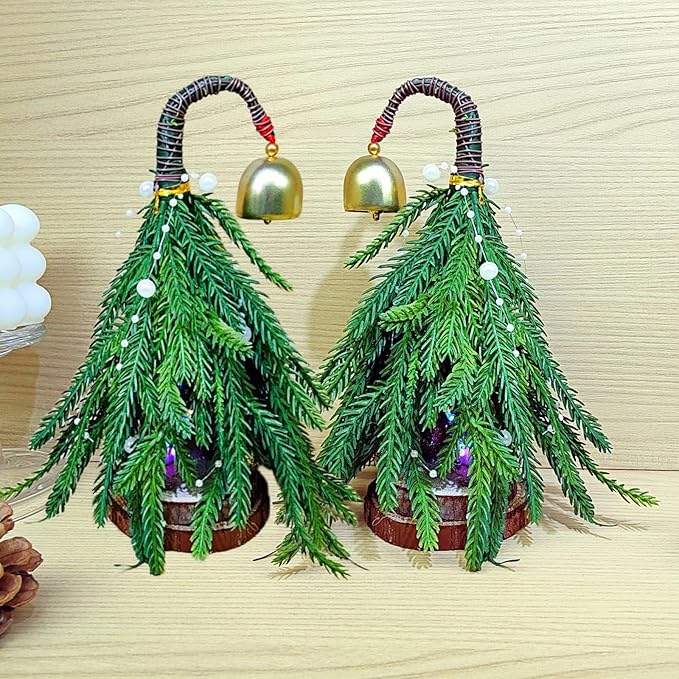 Small Christmas Tree, Artificial Mini Desktop Christmas Tree with Lights and Bell for Christmas Decorations (2 pack)