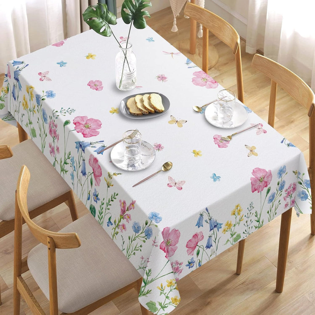 Spring Summer Floral Flowers Rectangle Tablecloth 60 x 84 Inch, Poppy Bellflower Bloom Decorative Table Cloth Wildflower Dining Table Cover, Butterfly Seasonal Dinner Party Picnic Decoration