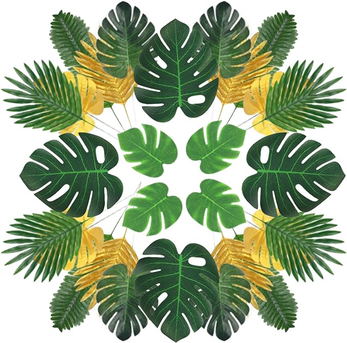 JOHOUSE Artificial Palm Leaves, 68PCS 7 Kinds Golden Faux Tropical Monstera Leaves with Stems Simulation Safari Leaves for Hawaiian Luau Party, Jungle Beach Theme Party, Table Leaves Decorations