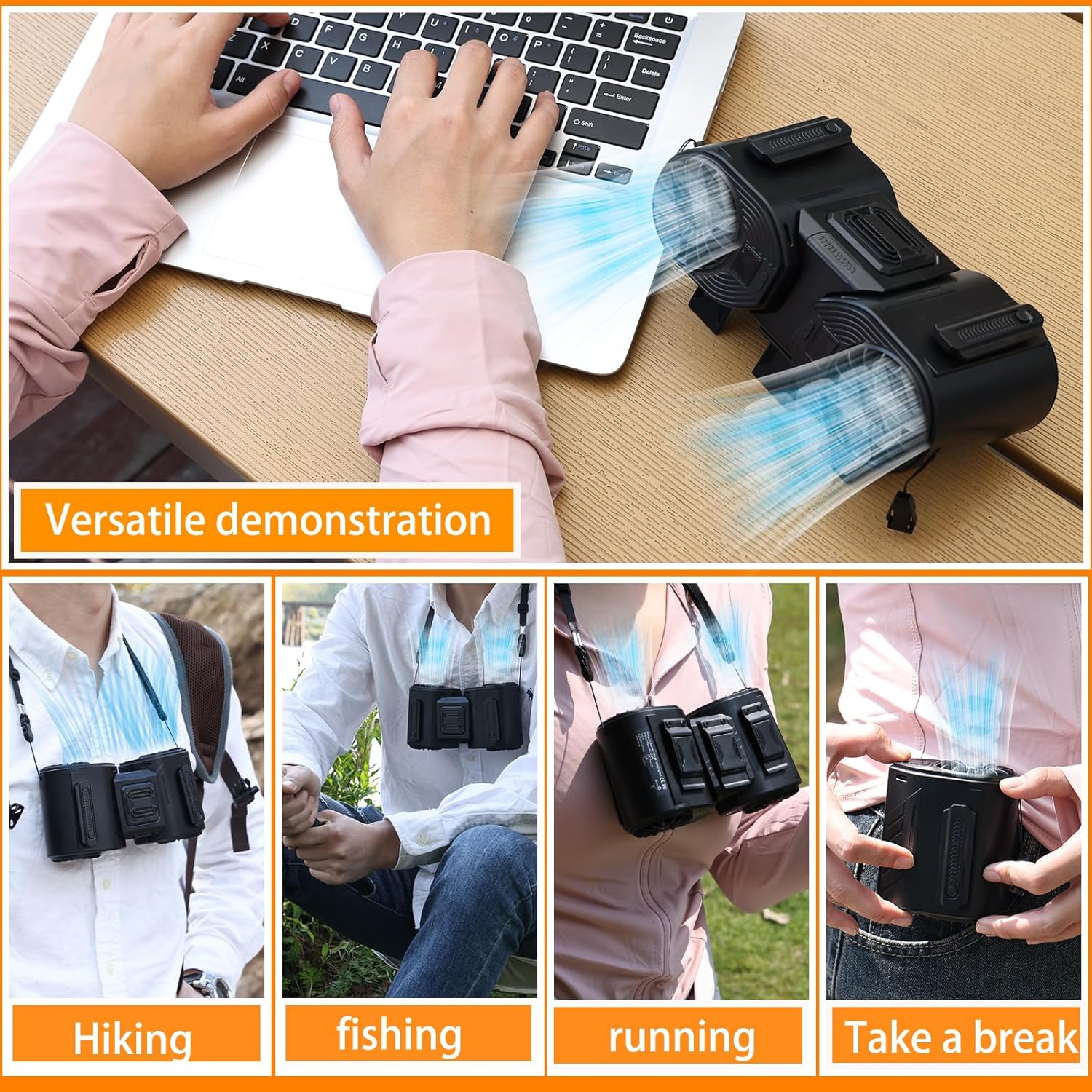 Portable Waist Fan Detachable Double Fan Combination Turbo Technology10000 mAh 5-Speed 13000RPM Clip On Belt Wearable Personal Neck Fan for Traveling Outdoor Jobsite Camping