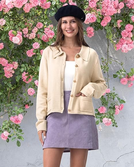 Women's Collared Cardigan Sweaters Trendy Button Cropped Short Cardigans-Blush Apricot- Size Medium