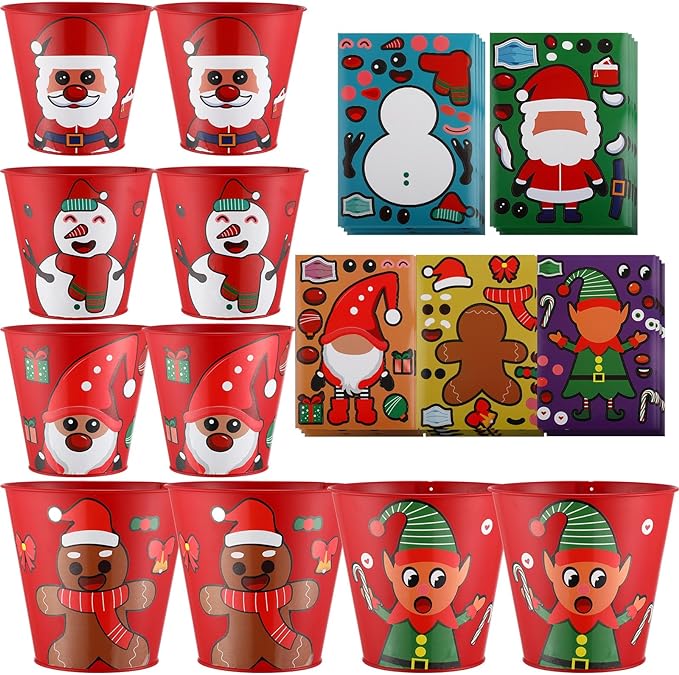 Tioncy 10 Pcs Red Metal Buckets with Christmas Stickers