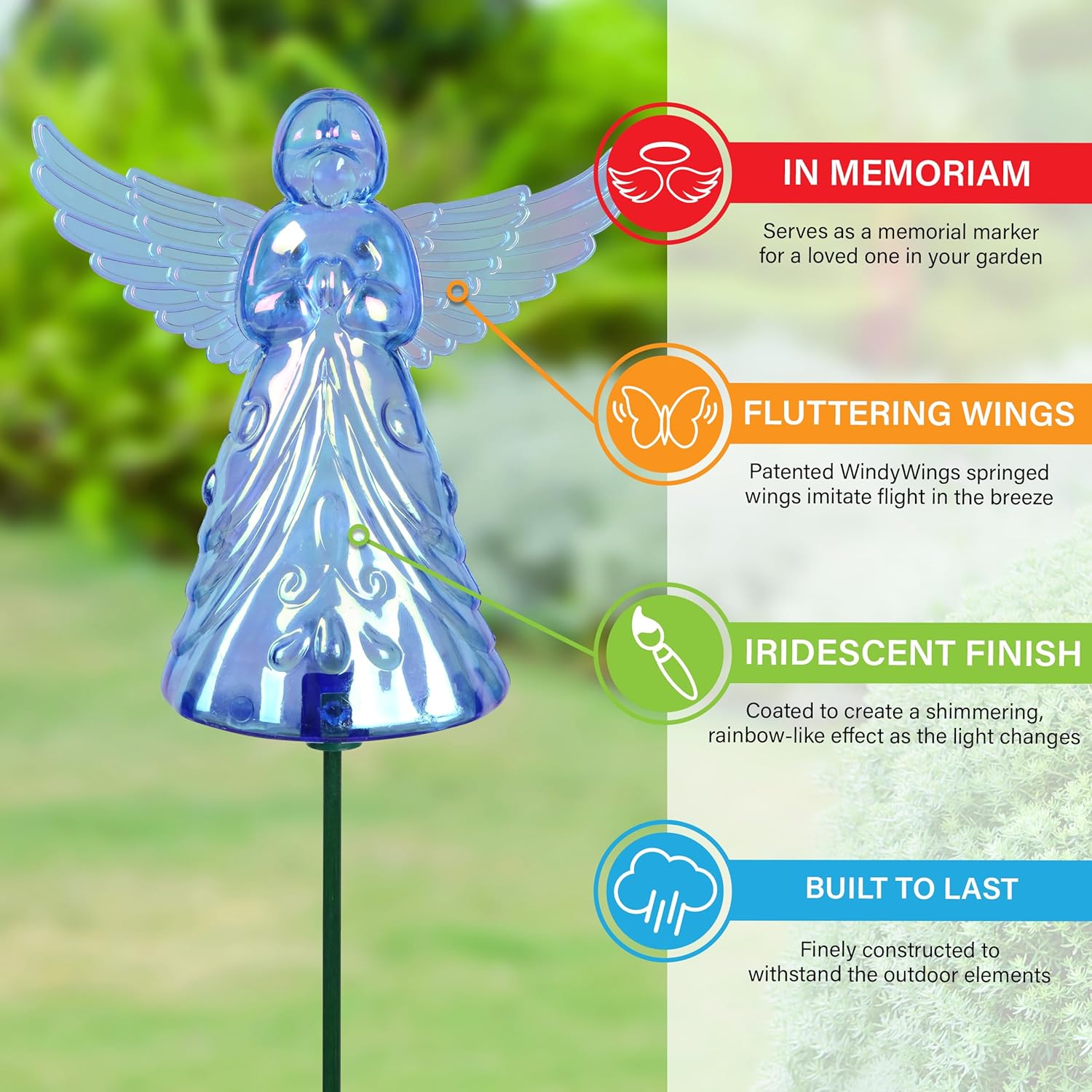 Exhart Windy Wings Angel Garden Stakes SET of 2, Blue, Plastic/Metal, 4.5"x2"x30"H