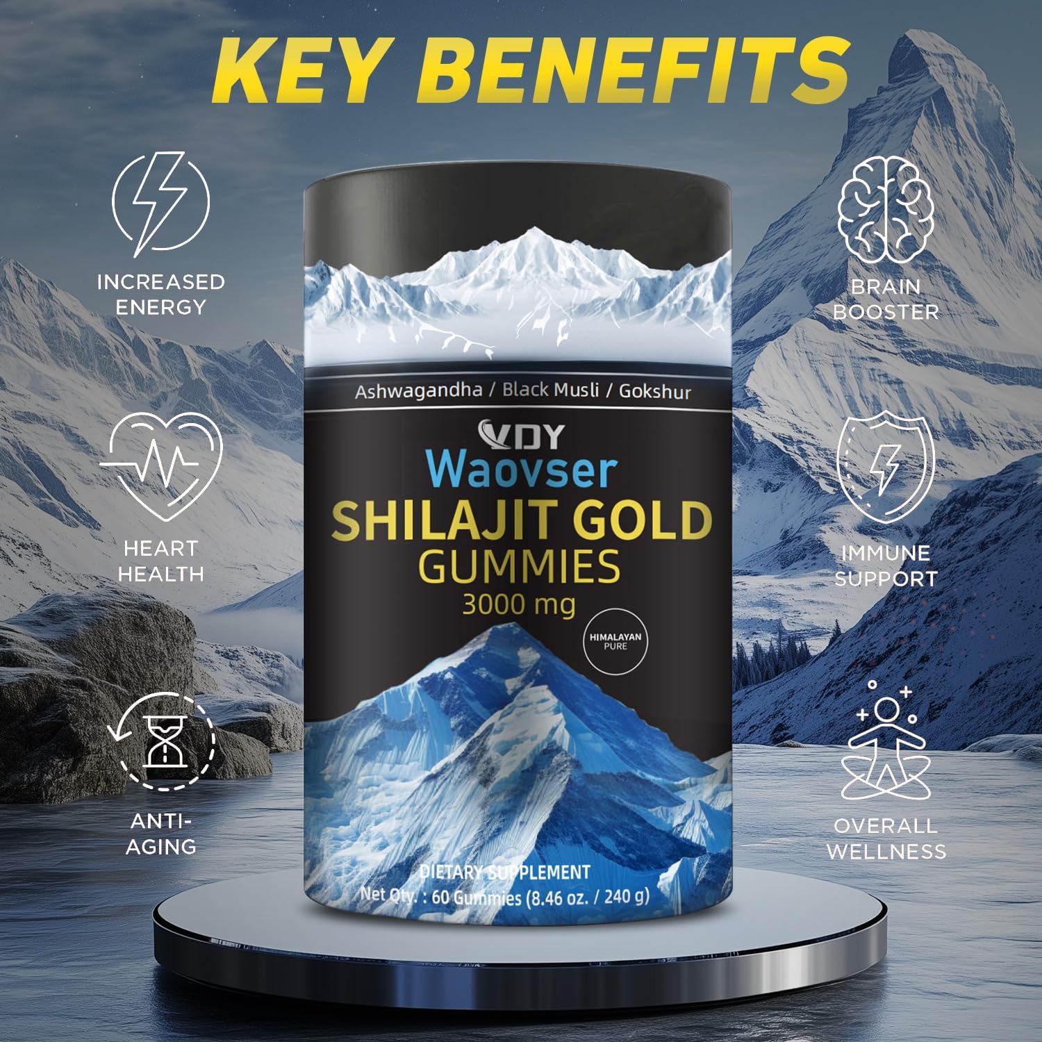 2 Packs Himalayan Shilajit Gummies, Ashwagandha Gummies, with Black Musli, Gokshura, Ginger, Ginseng, Fulvic Acid 85 Micronutrients, Men and Women, No Added Sugar, 100% Natural Organic, 120 Gummy﻿