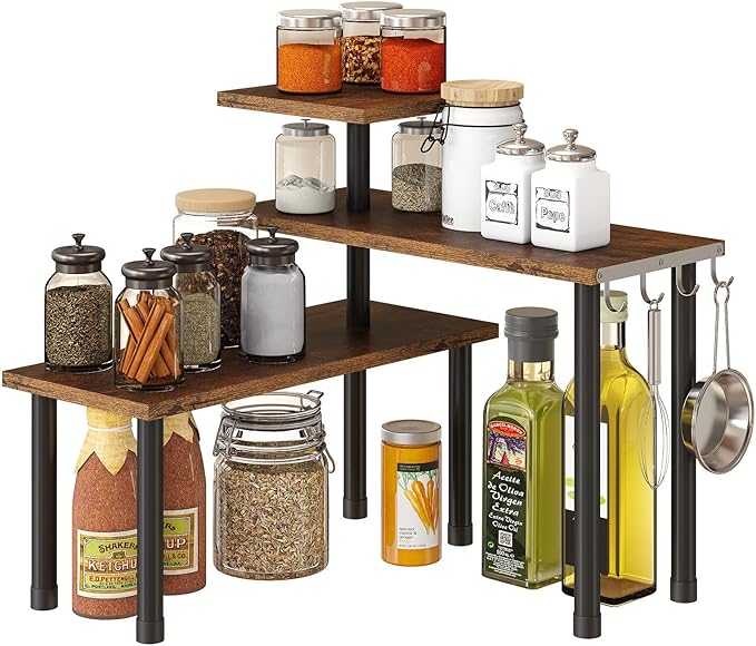 Corner Shelf Organizer, 3 Tier Bamboo Kitchen Countertop Rack for Living Room, Office, Bookshelf Display Shelves, Space Saving Storage Shelves,Rustic Brown