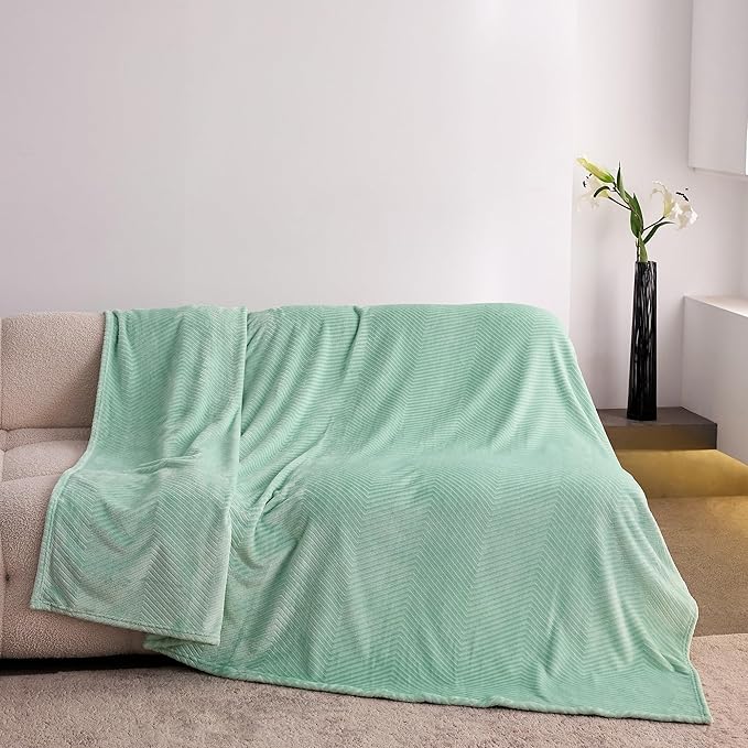 Fleece Twin Blanket for Couch and Bed, 60x80 Inches Soft Cozy 3D Decorative Jacquard Flannel Blankets, Lightweight Fuzzy Warm Throws for Sofa, All Seasons,Sage Green - Wave