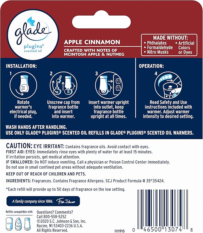 Glade PlugIns Refills Air Freshener, Scented and Essential Oils for Home and Bathroom, Apple Cinnamon, 1.34 Fl Oz, 2 Count