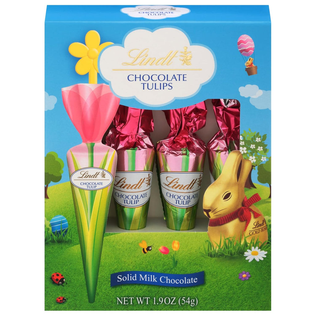 Lindt Chocolate Tulips, Tulip-Shaped Solid Milk Chocolate Easter Candy on a Stick, 4 Pack (Best By: 07/31/2025)