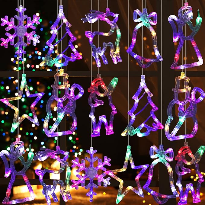16 Pcs Christmas Decorations Hanging Lighted Christmas Window Lights Battery Operated Christmas Lights with Suction Cup for Xmas Tree Fireplace Indoor (Elk Tree Santa Claus Stars, Warm White)