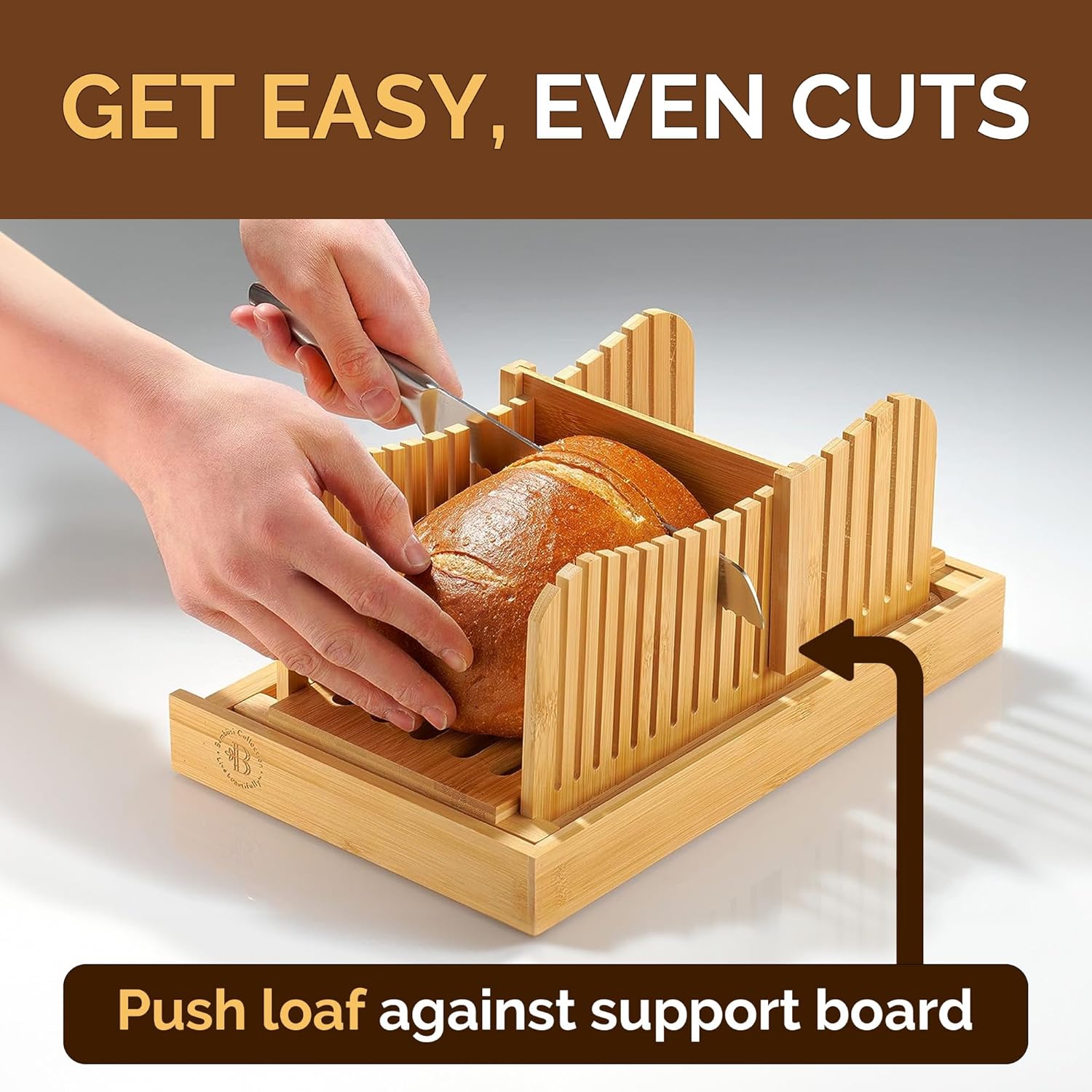 Bread Slicer for Homemade Bread - Bamboo Bread Cutter with Knife, Foldable Slicing Guide, Crumb Tray - Compact Bread Loaf Slicer for Cakes, Bagels, Loaves