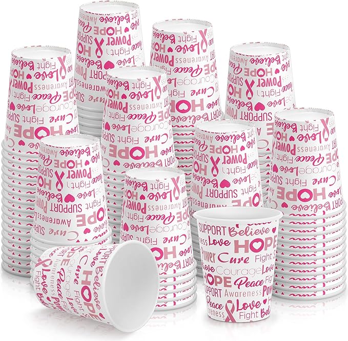 Hsei 150 Pcs 9 oz Breast Cancer Awareness Paper Cups White Pink Disposable Cups with Ribbon Coffee Drinking Cups Peace Believe Love Hope Power Awareness Fight Care for Breast Cancer Party Supplies