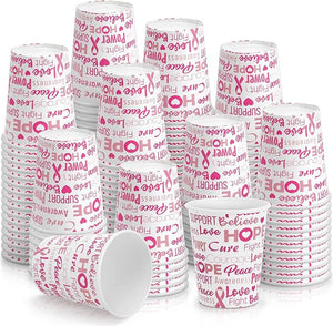 Hsei 150 Pcs 9 oz Breast Cancer Awareness Paper Cups White Pink Disposable Cups with Ribbon Coffee Drinking Cups Peace Believe Love Hope Power Awareness Fight Care for Breast Cancer Party Supplies