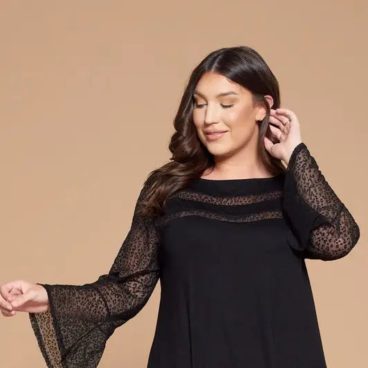 Plus Size Animal Mesh Bell Sleeves Top-Black