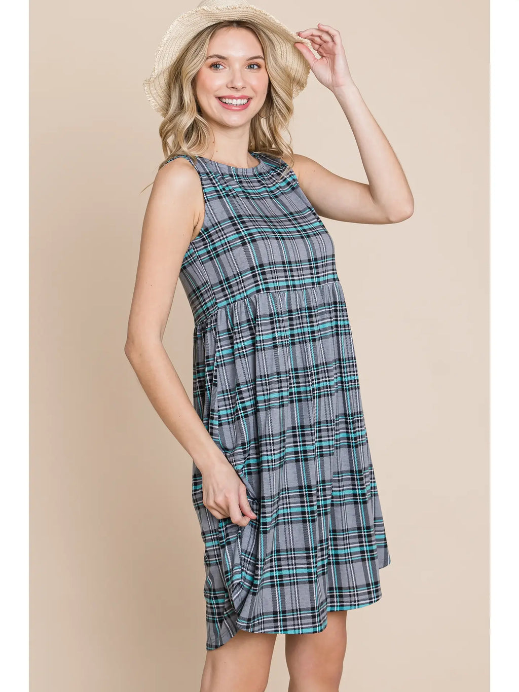 Plaid Sleeveless Babydoll Dress-Grey/Blue -Sizes Small-Large