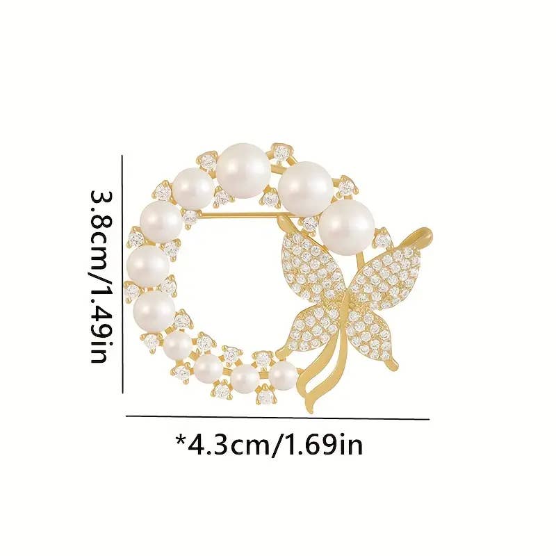 Elegant Faux Pearl Butterfly Wreath Brooch Pin