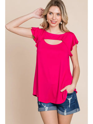 Plus Size Solid Jersey Cut Out Bell Sleeves Top-Hot Pink
