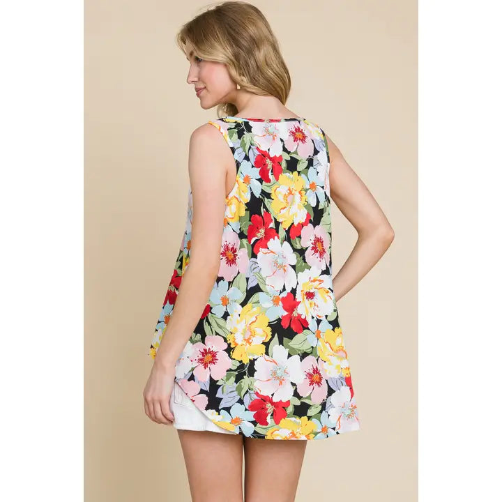 Plus Size Floral Print High-Low Sleeveless Tank-Black/Rose