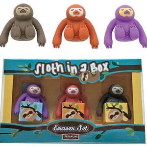 Sloth in A Box- 3pk Multi Colored Sloth Eraser Set