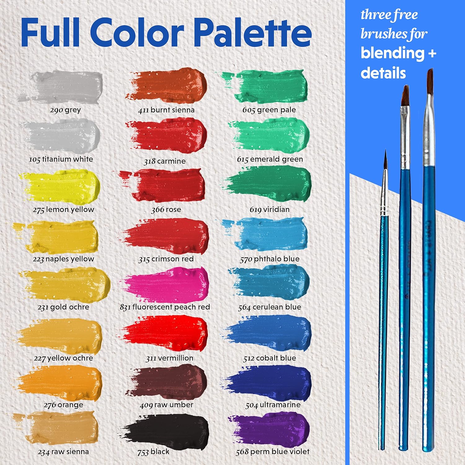 24PC Acrylic Paint Set With 3 Brushes Included - 24 .04 FL OZ Colored Tubes