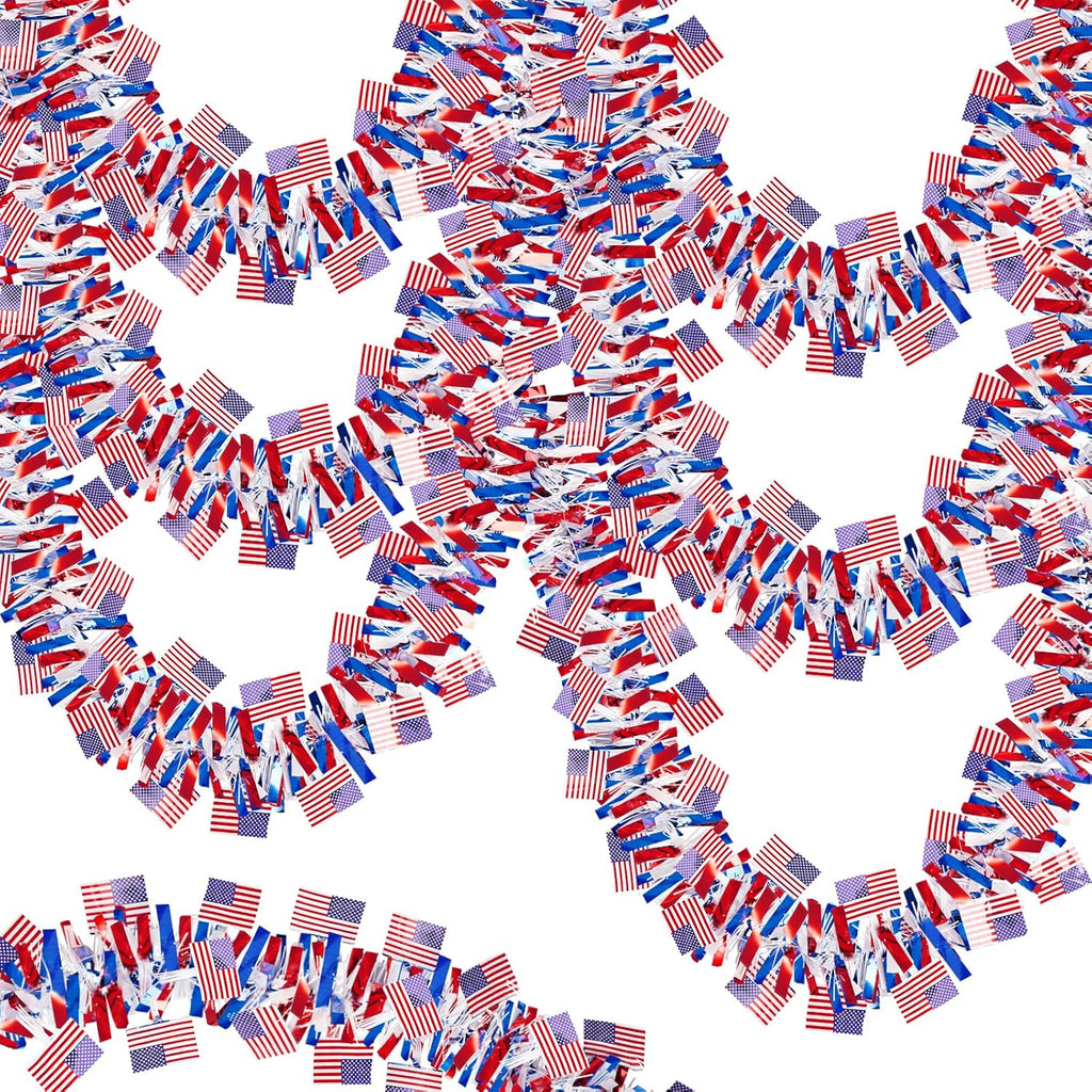 3 Pack 4th of July Patriotic Tinsel Garland Decoration, Red, White and Blue Tinsel with American Flag Glitter Hanging Garland for Memorial Day, Independence Day Indoor and Outdoor Decor