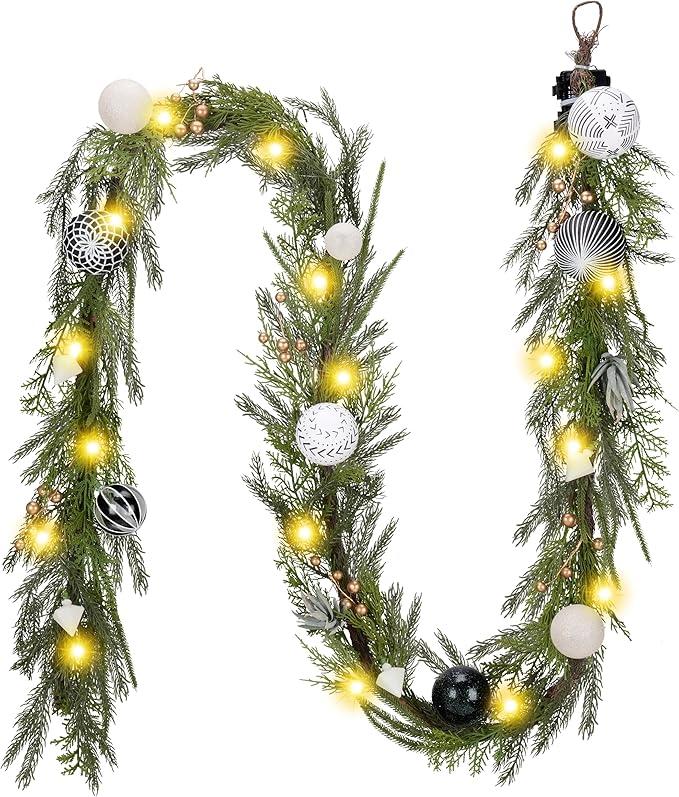 Decorbyhannah Christmas Garland with Lights, 9ft Lighted Norfolk Pine Garland with Boho Ornaments, Battery Operated Artificial Greenery Garland Christmas Decorations for Mantle(Boho Black & White)