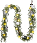 Decorbyhannah Christmas Garland with Lights, 9ft Lighted Norfolk Pine Garland with Boho Ornaments, Battery Operated Artificial Greenery Garland Christmas Decorations for Mantle(Boho Black & White)