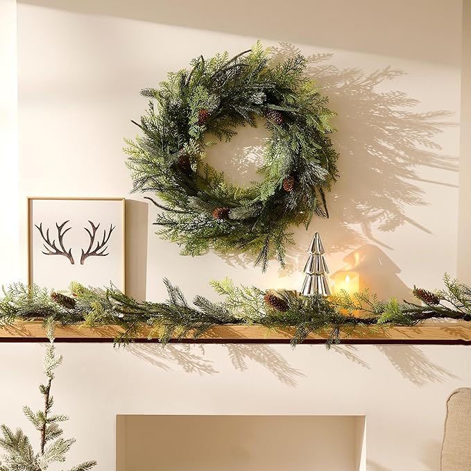 Decorbyhannah Christmas Wreath, 24 inch Prelit Real Touch Norfolk Pine Christmas Wreath for Front Door, Artificial Cypress Christmas Wreath with Lights
