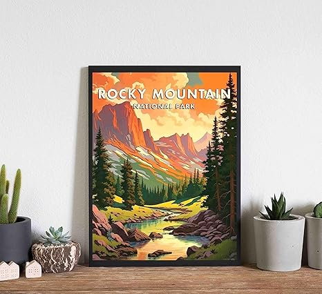 Rocky Mountain National Park Poster Art Print Retro Mountain Lake Wall Art Poster Vintage Decor Nature Landscape Picture For Bedroom Office Home (Rocky Mountain, 14x11 inches (Unframed))