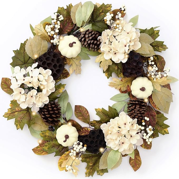 DecorbyHannah Collapsible Thanksgiving Wreaths for Front Door, 24 inch Pre-Lit Fall Wreath with Pumpkin Pinecone Lotus Hydrangea Maple Leaves for Harvest Home Wall Window Indoor Outdoor Decor