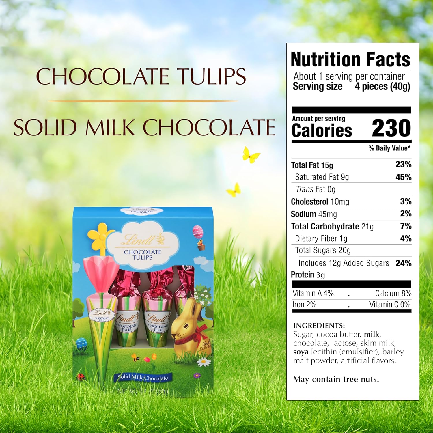 Lindt Chocolate Tulips, Tulip-Shaped Solid Milk Chocolate Easter Candy on a Stick, 4 Pack (Best By: 07/31/2025)