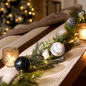 Decorbyhannah Christmas Garland with Lights, 9ft Lighted Norfolk Pine Garland with Boho Ornaments, Battery Operated Artificial Greenery Garland Christmas Decorations for Mantle(Boho Black & White)