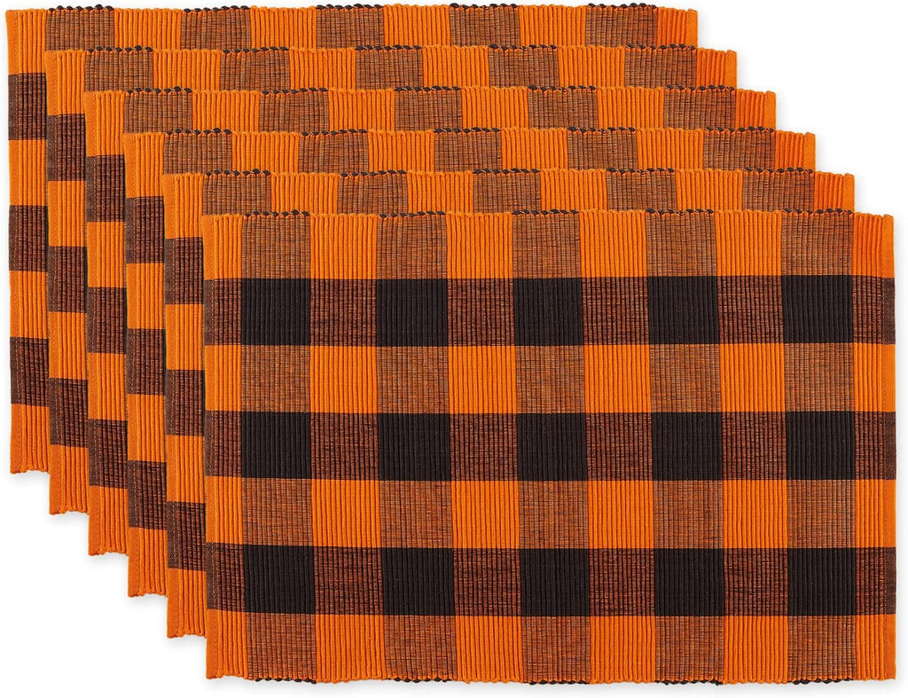 DII Orange & Black Buffalo Check Ribbed Placemat SET/6, 100% Cotton, 13x19inch