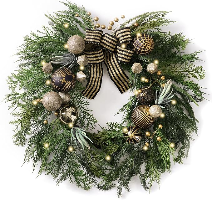 Decorbyhannah Collapsible Christmas Wreath, 24 inch Prelit Norfolk Pine Wreaths for Front Door with Ornaments, Aritificial Greenery Christmas Wreath Decorations with Lights (Boho Black & Bronze)