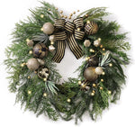 Decorbyhannah Collapsible Christmas Wreath, 24 inch Prelit Norfolk Pine Wreaths for Front Door with Ornaments, Aritificial Greenery Christmas Wreath Decorations with Lights (Boho Black & Bronze)