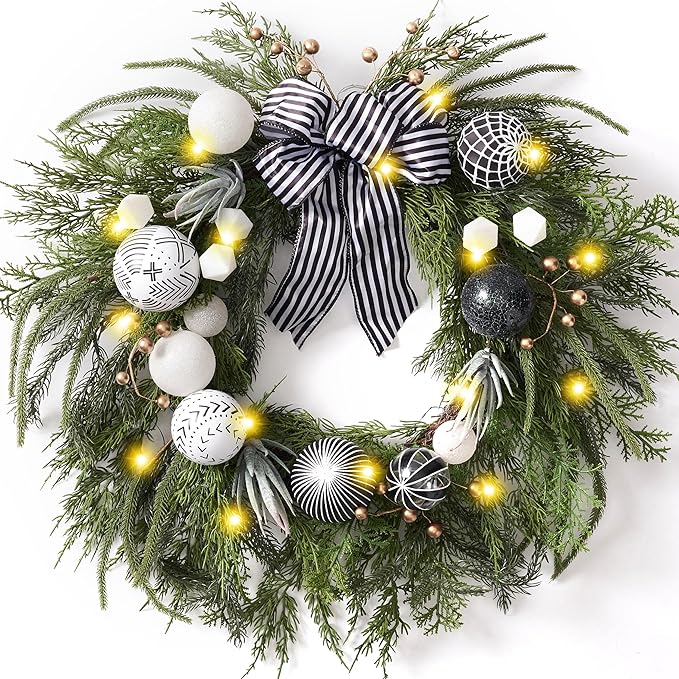 Decorbyhannah Collapsible Christmas Wreath, 24 inch Prelit Norfolk Pine Wreaths for Front Door with Ornament, Aritificial Greenery Christmas Wreath Decorations with Lights (Boho Black & White)