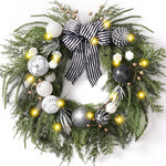 Decorbyhannah Collapsible Christmas Wreath, 24 inch Prelit Norfolk Pine Wreaths for Front Door with Ornament, Aritificial Greenery Christmas Wreath Decorations with Lights (Boho Black & White)