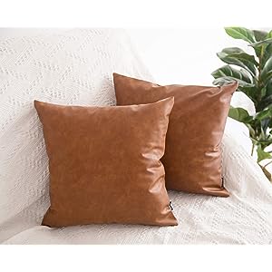 HOMFINER Faux Leather Throw Pillow Covers, 18 x 18 inch Set of 2 Thick Cognac Brown Modern