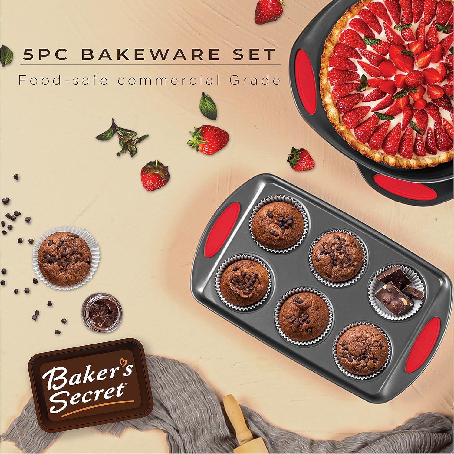 Baker's Secret Bakeware Sets - 5 Pieces Baking Pans Set with Grip - Baking Sheets for Oven Nonstick Set, Wedding Registry Items baking dishes for oven - Nonstick pan set Kitchen Supplies, Easy Grip