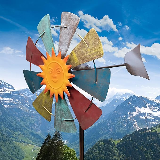 Multicolor Metal Windmill w/Sun Face Garden Stake 18x13x71H