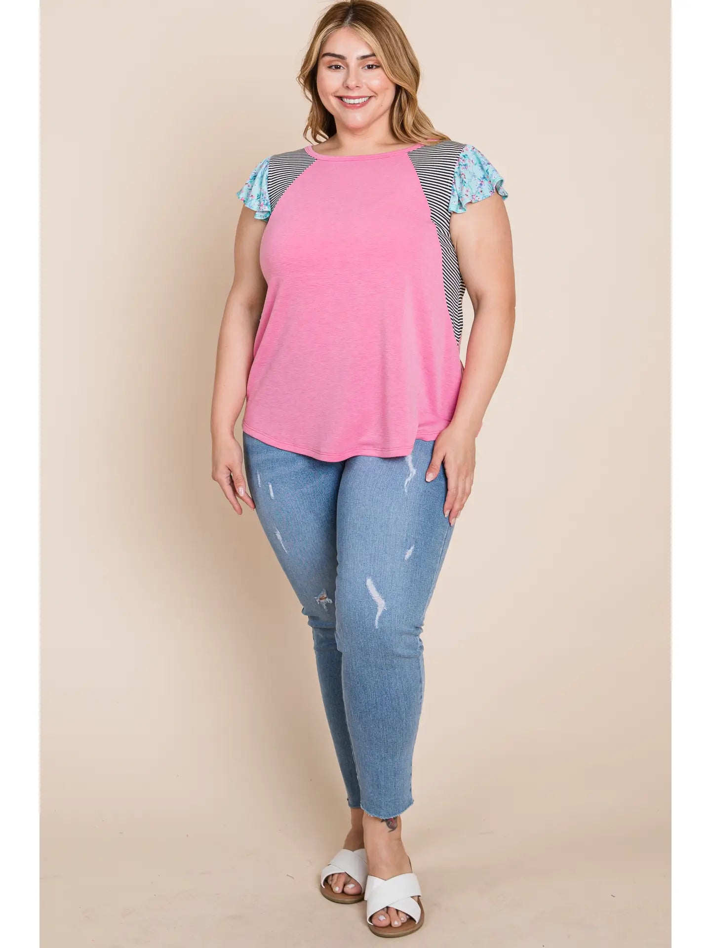Plus Size Floral and Striped Sleeves Top-Pink