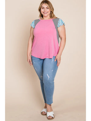 Plus Size Floral and Striped Sleeves Top-Pink