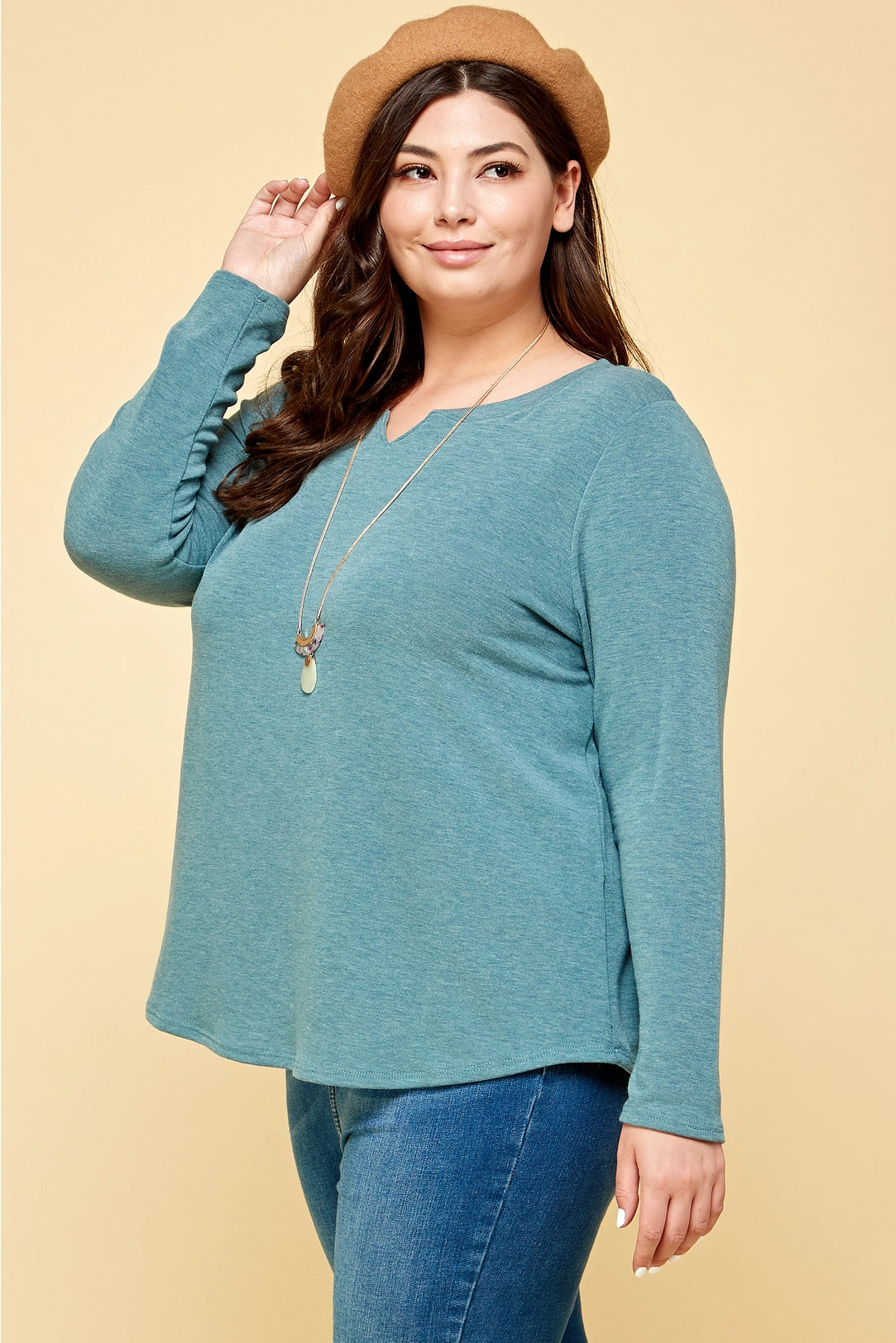 Plus Size Solid Long Sleeve Basic Top-Teal