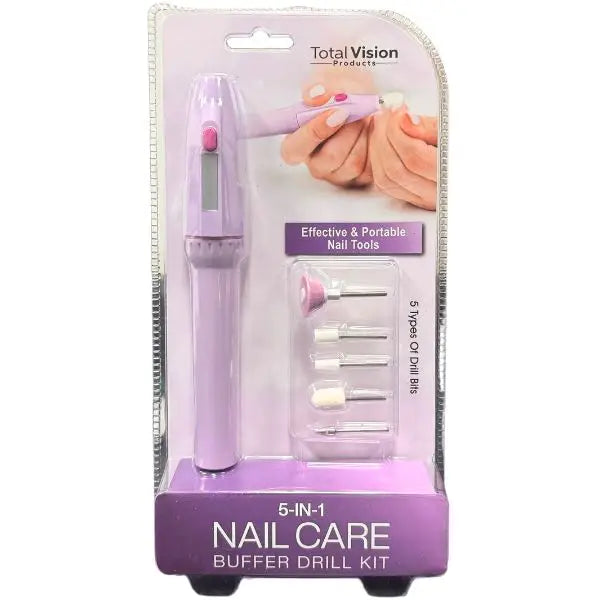 Total Vision - 5n1 Nail Care Buffer Drill Kit - Colors May Vary - Includes 5 Nail Care Tips