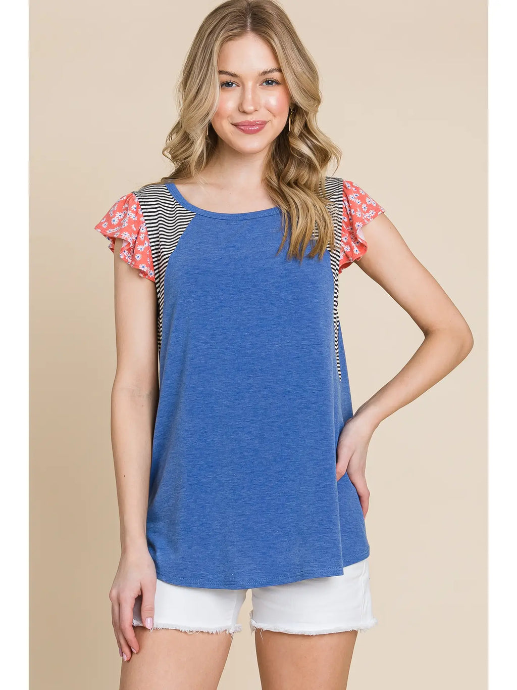 Plus Size Solid Casual Top with Striped Contrast-Royal