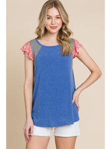 Plus Size Solid Casual Top with Striped Contrast-Royal