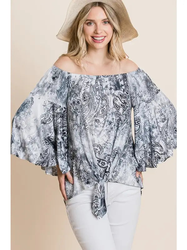 Plus Size Tie Dye Off Shoulder Front Knot Top-Grey/Black