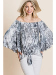 Plus Size Tie Dye Off Shoulder Front Knot Top-Grey/Black
