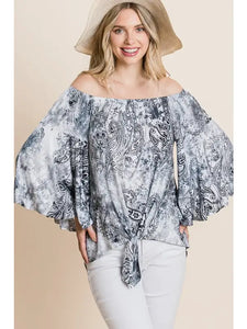 Plus Size Tie Dye Off Shoulder Front Knot Top-Grey/Black